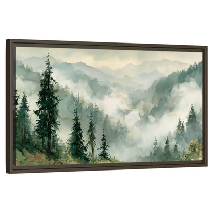 Watercolor misty mountain forest painting framed canvas wall art on a white background