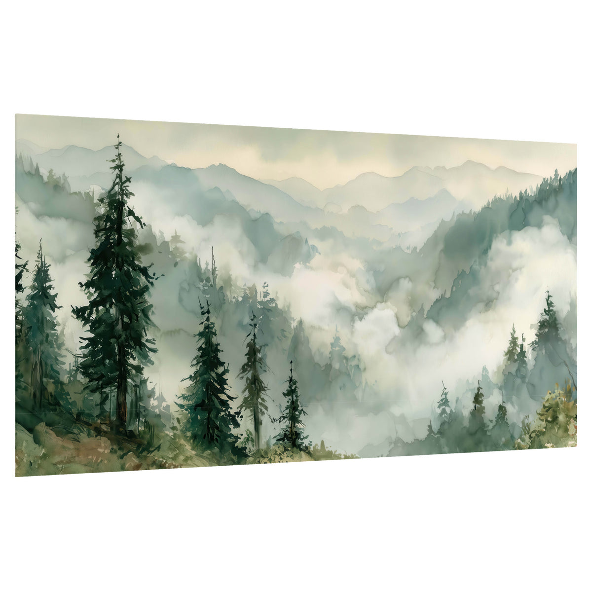 Watercolor misty mountain forest painting poster print on a white background