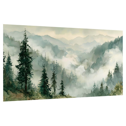 Watercolor misty mountain forest painting poster print on a white background