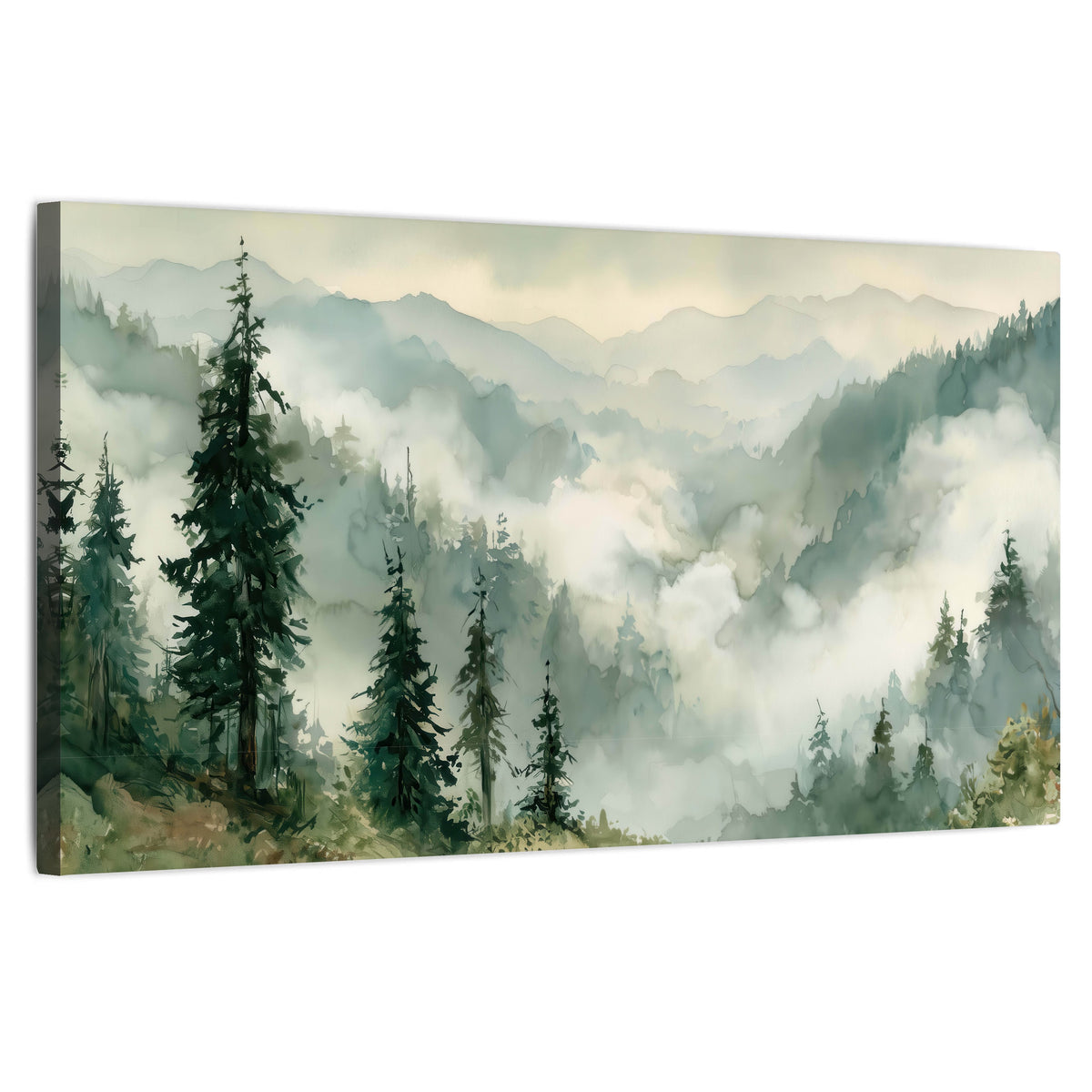 Watercolor misty mountain forest painting stretched canvas wall art on a white background