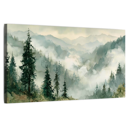 Watercolor misty mountain forest painting stretched canvas wall art on a white background