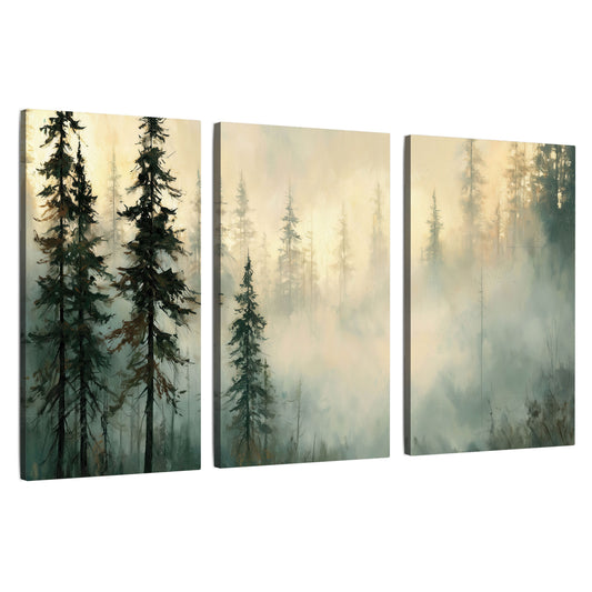 Foggy evergreen forest painting 3 piece canvas wall art set on a white background