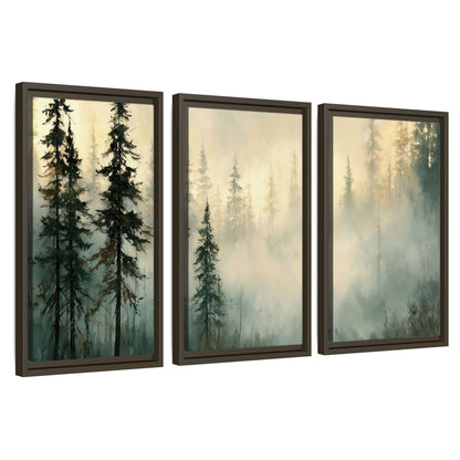 Foggy evergreen forest painting 3 piece framed canvas wall art set on a white background