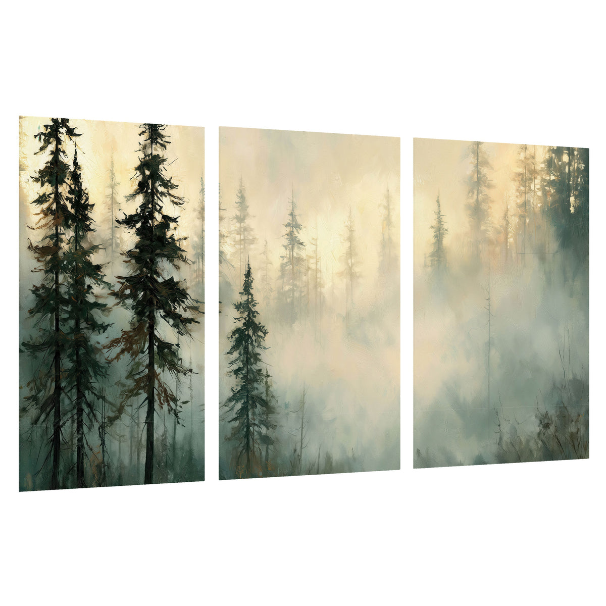 Foggy evergreen forest painting set of 3 poster prints on a white background
