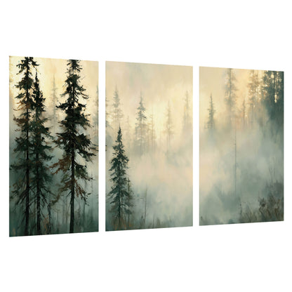 Foggy evergreen forest painting set of 3 poster prints on a white background