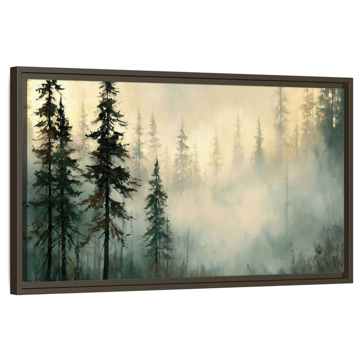 Foggy evergreen forest painting framed canvas wall art on a white background