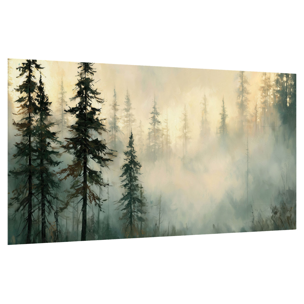 Foggy evergreen forest painting poster print on a white background