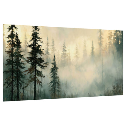 Foggy evergreen forest painting poster print on a white background