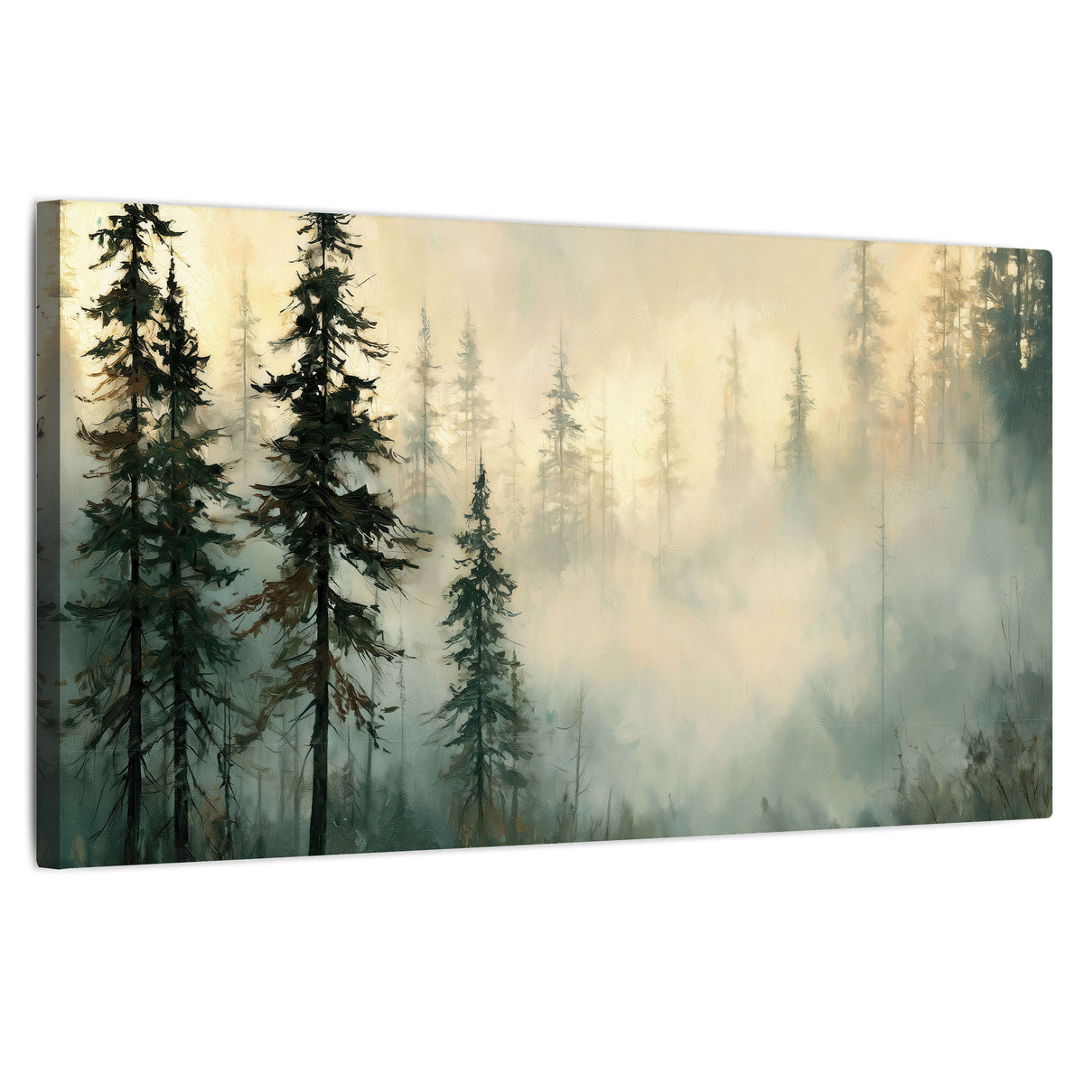 Foggy evergreen forest painting stretched canvas wall art on a white background