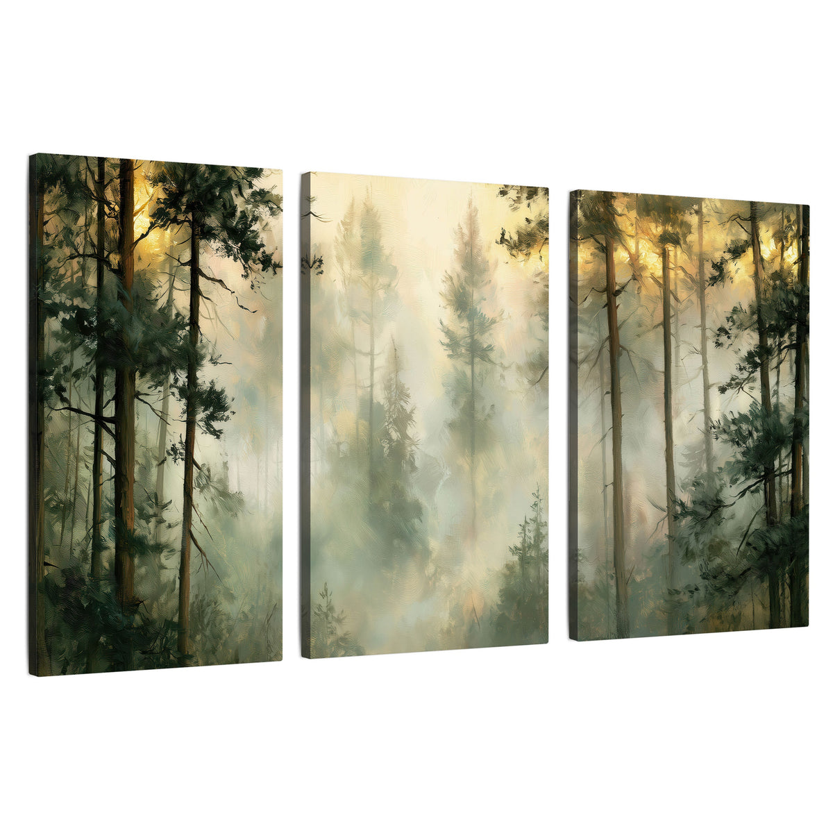 Golden misty pine forest painting 3 piece canvas wall art set on a white background