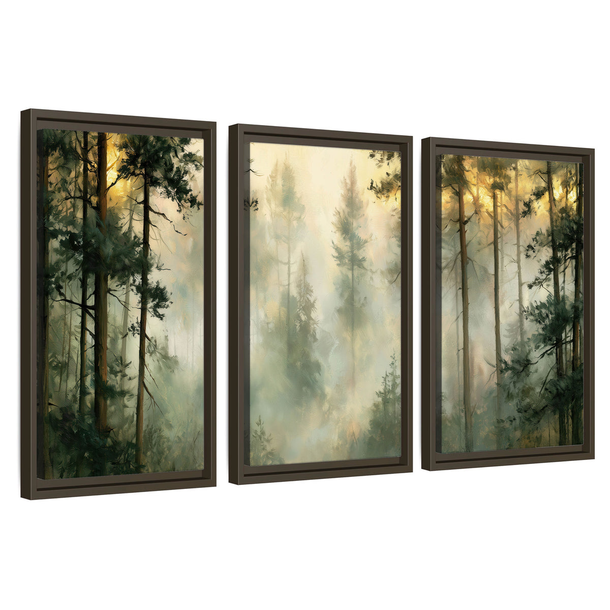 Golden misty pine forest painting 3 piece framed canvas wall art set on a white background