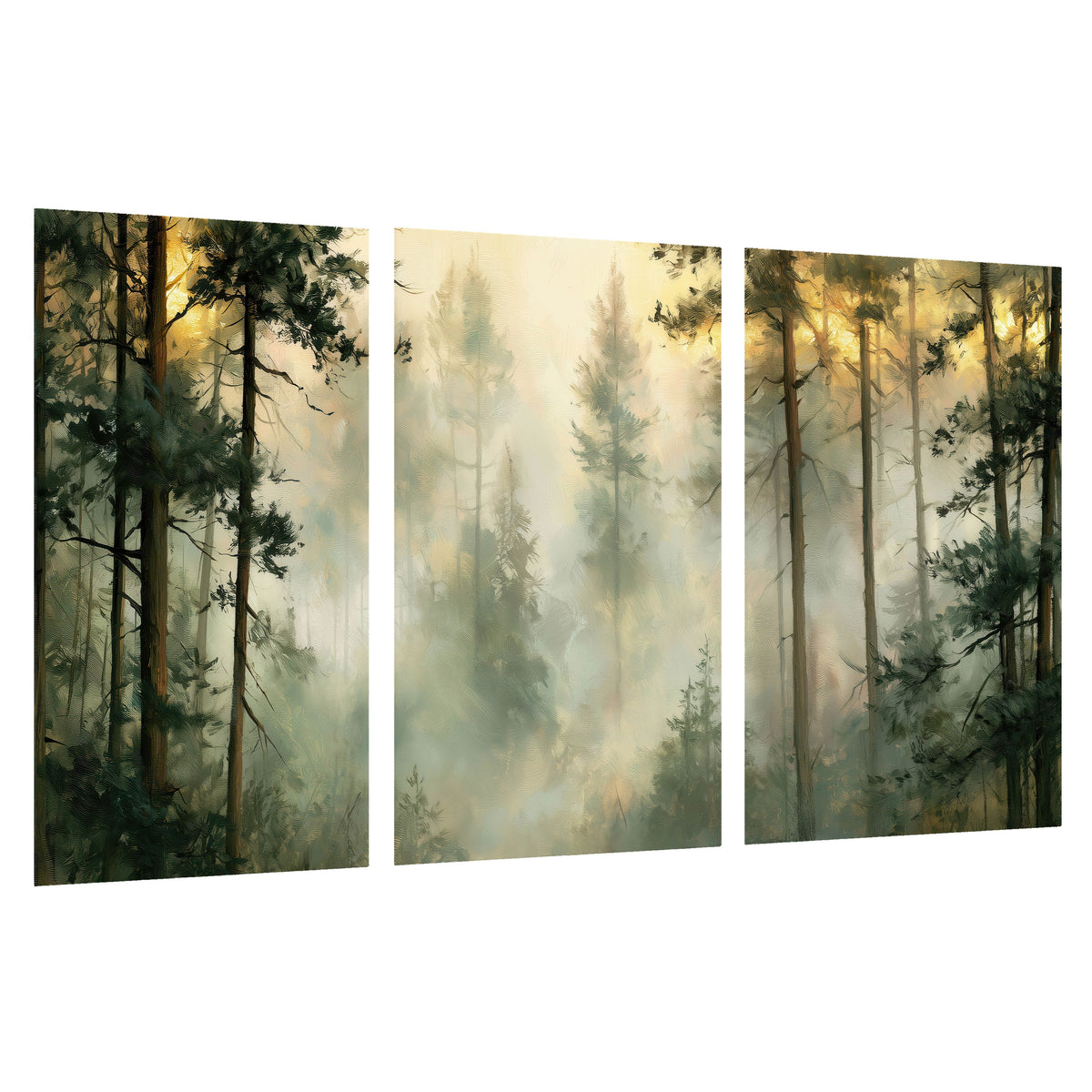 Golden misty pine forest painting set of 3 poster prints on a white background