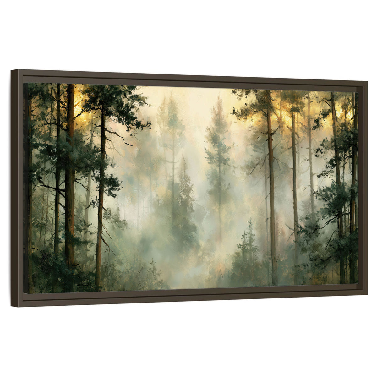 Golden misty pine forest painting framed canvas wall art on a white background