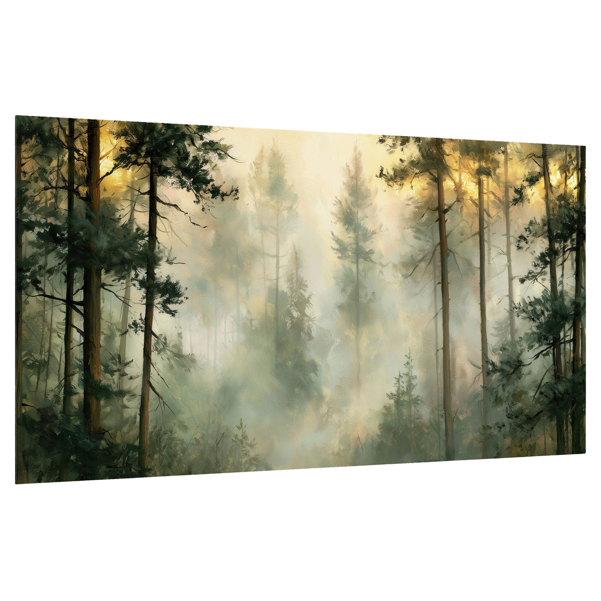 Golden misty pine forest painting poster print on a white background