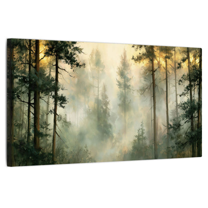 Golden misty pine forest painting stretched canvas wall art on a white background