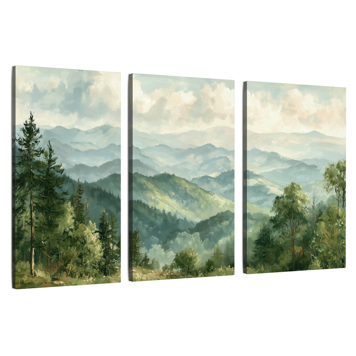 Green mountain valley painting 3 piece canvas wall art set on a white background