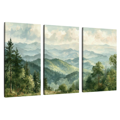 Green mountain valley painting 3 piece canvas wall art set on a white background
