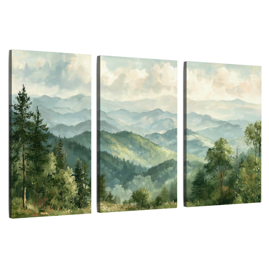 Green mountain valley painting 3 piece canvas wall art set on a white background
