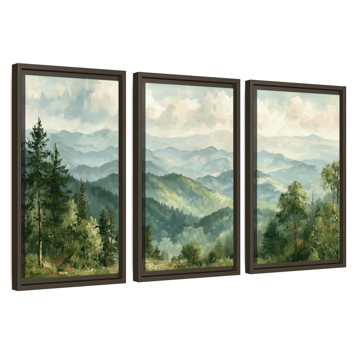 Green mountain valley painting 3 piece framed canvas wall art set on a white background