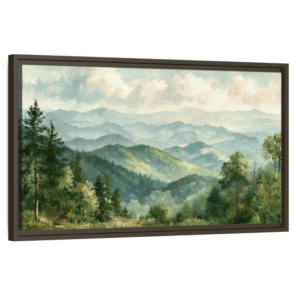 Green mountain valley painting framed canvas wall art on a white background