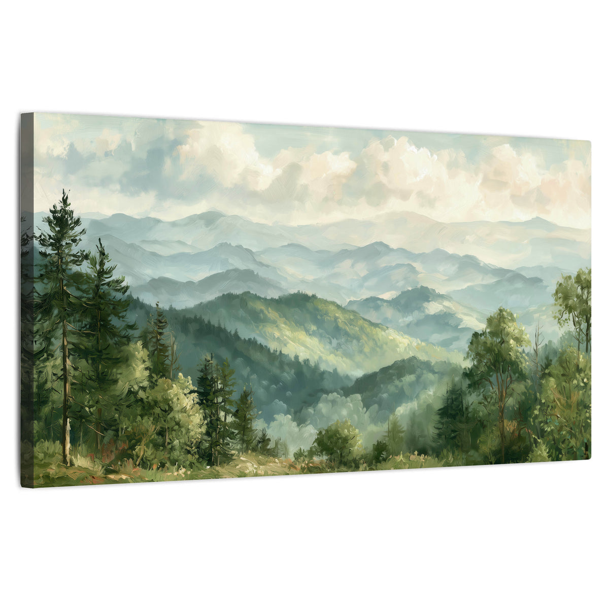 Green mountain valley painting stretched canvas wall art on a white background