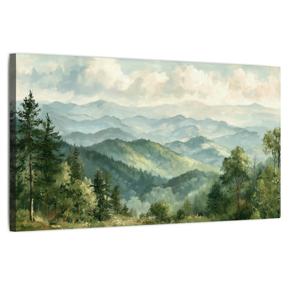 Green mountain valley painting stretched canvas wall art on a white background