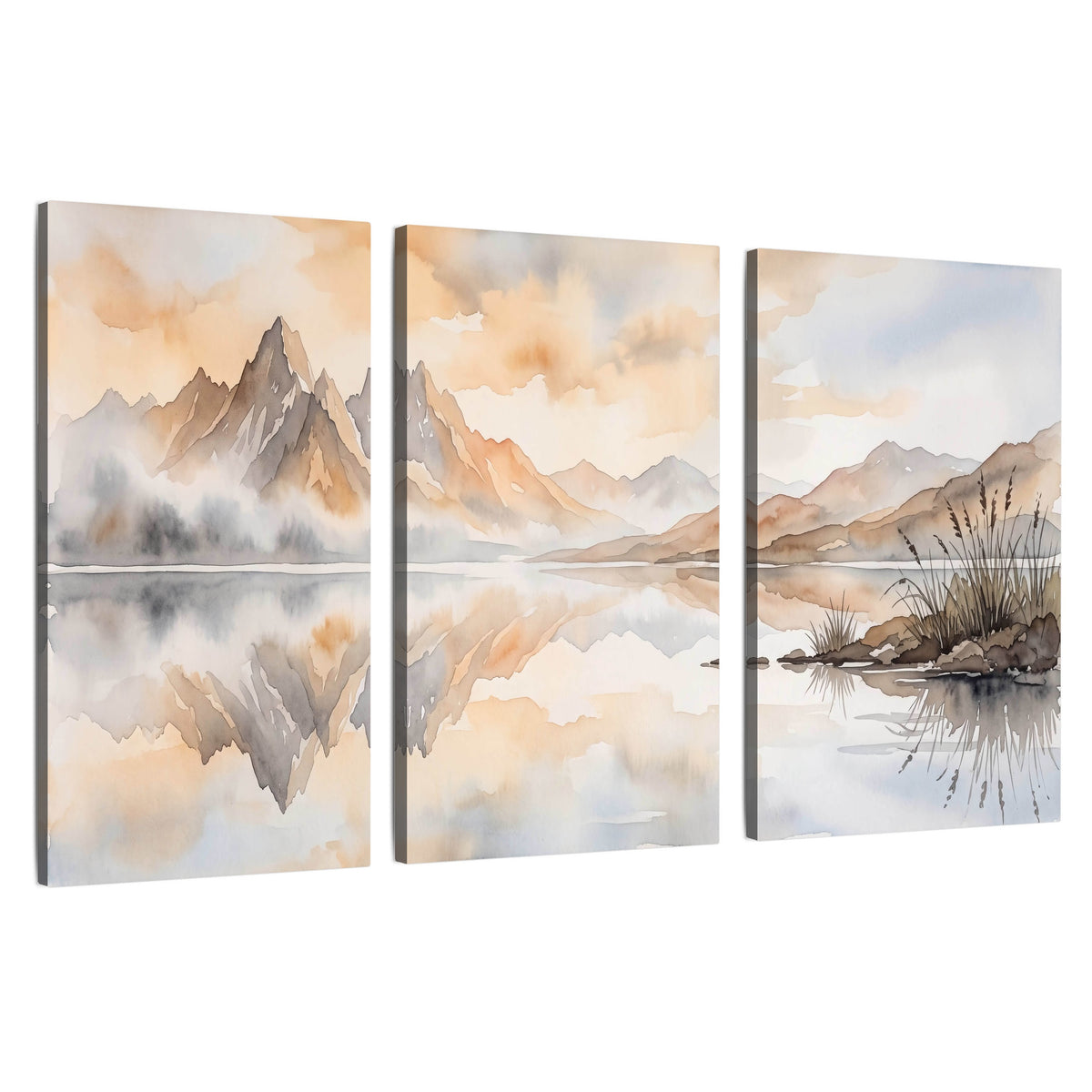 Watercolor mountain lake painting 3 piece canvas wall art set on a white background
