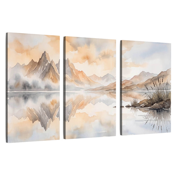 Watercolor Mountain Lake Reflection Wall Art – Soft Peach Landscape