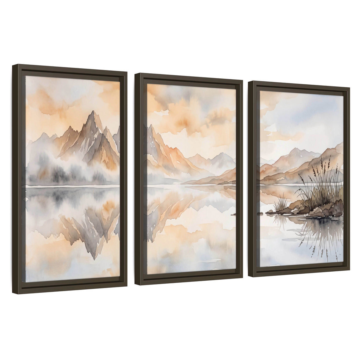 Watercolor mountain lake painting 3 piece framed canvas wall art set on a white background