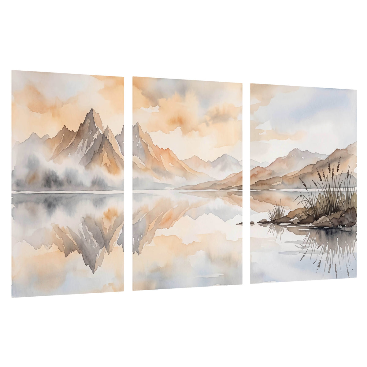 Watercolor mountain lake painting set of 3 poster prints on a white background