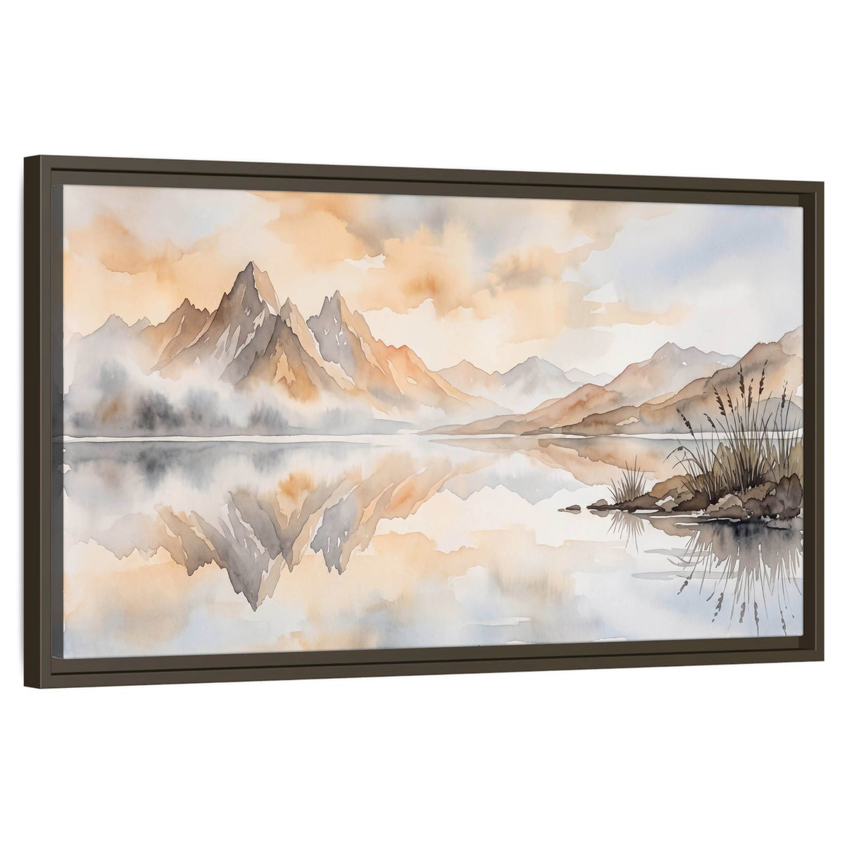 Watercolor mountain lake painting framed canvas wall art on a white background