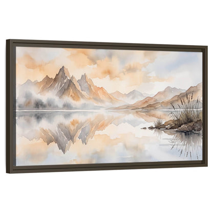 Watercolor mountain lake painting framed canvas wall art on a white background