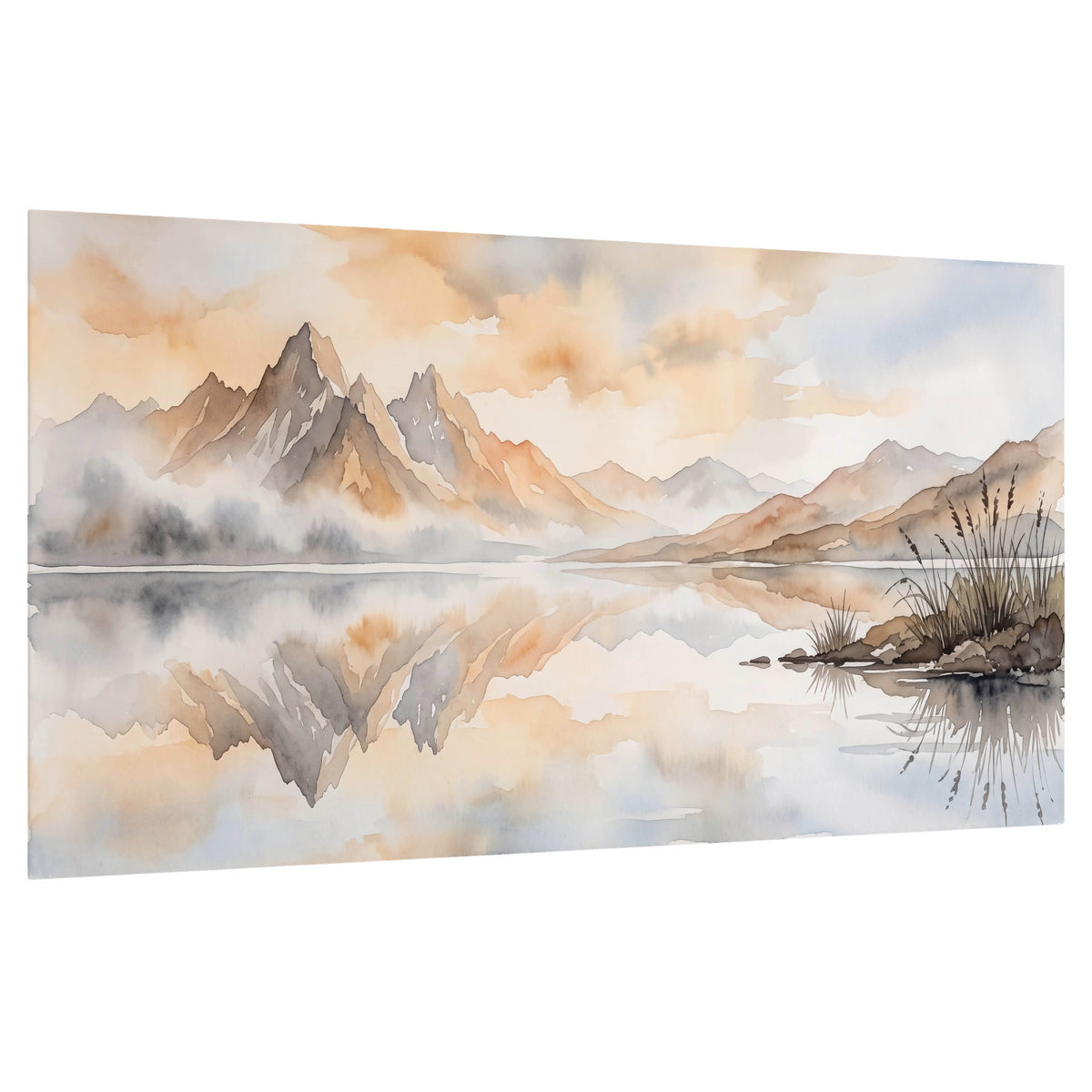 Watercolor mountain lake painting poster print on a white background