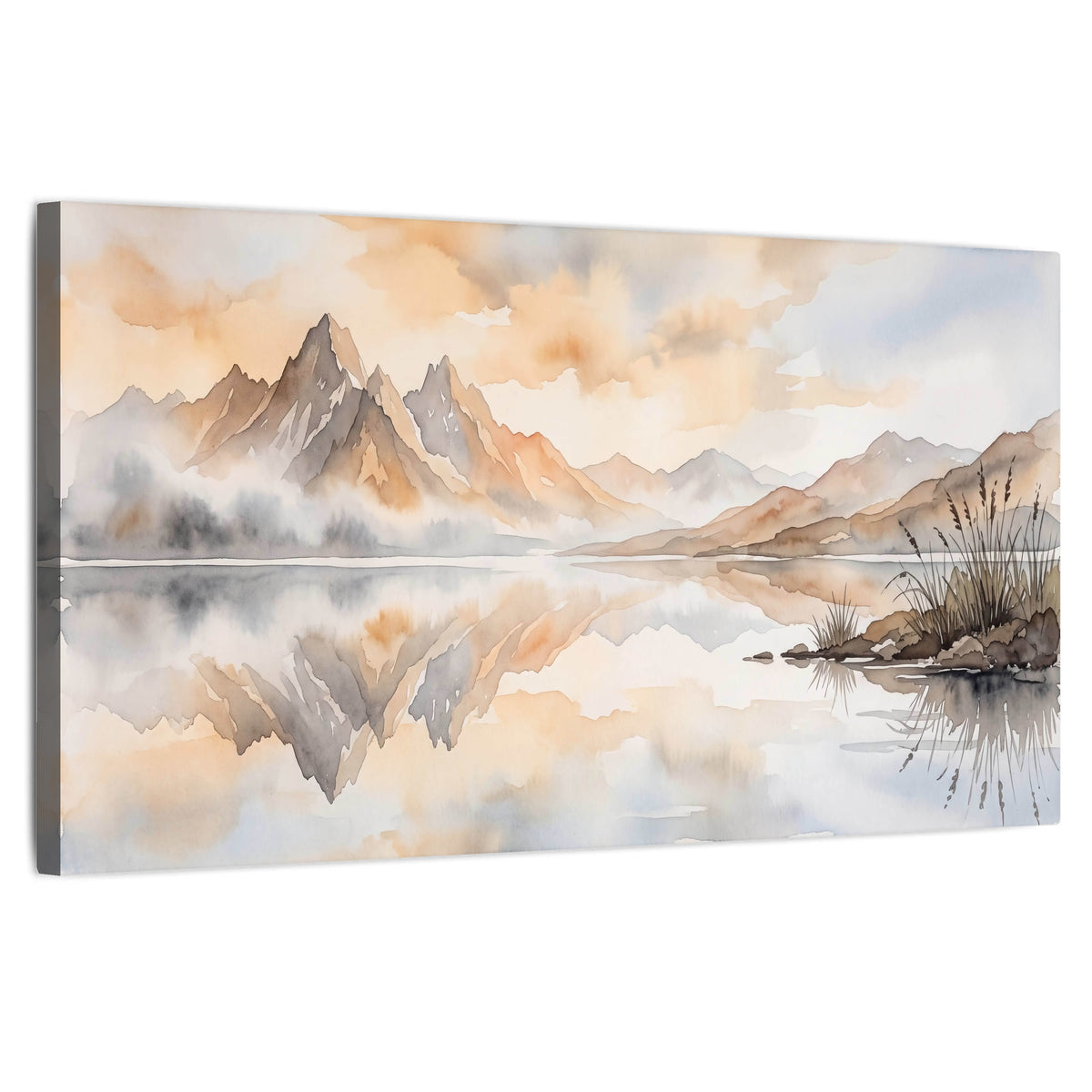 Watercolor mountain lake painting stretched canvas wall art on a white background