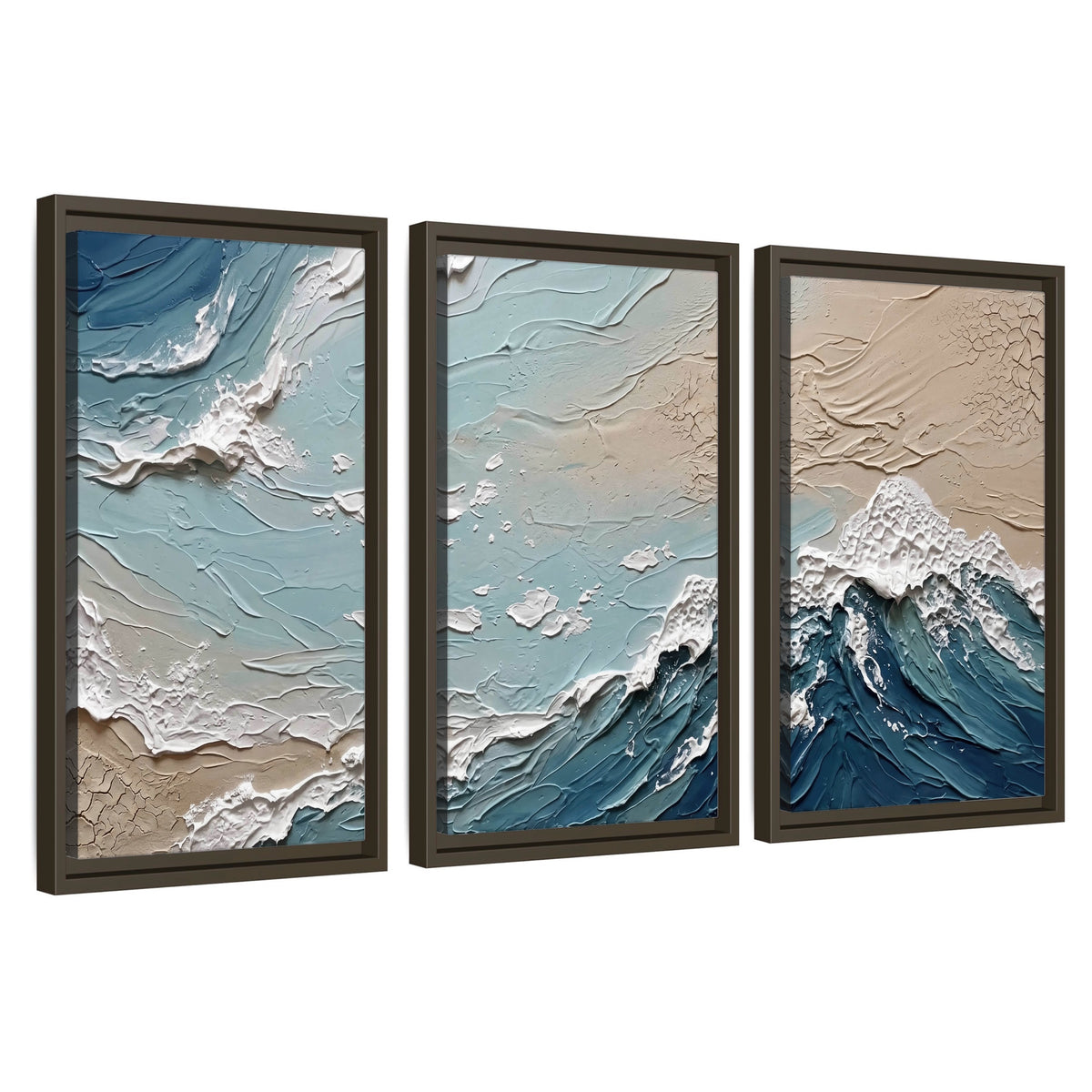 Textured ocean wave painting 3 piece framed canvas wall art set on a white background