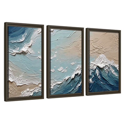 Textured ocean wave painting 3 piece framed canvas wall art set on a white background