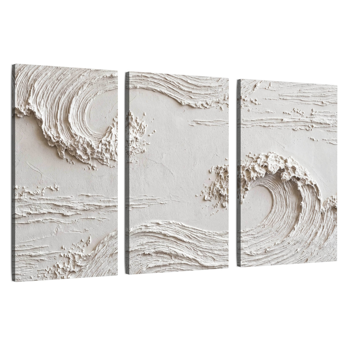White plaster wave art 3 piece canvas wall art set on a white background