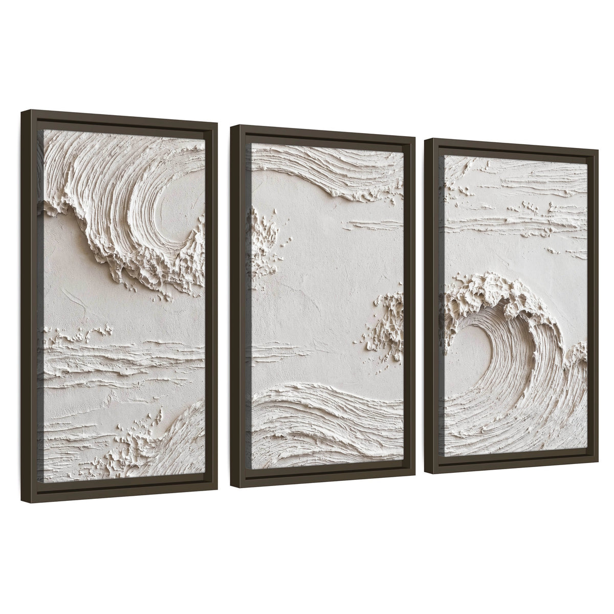White plaster wave art 3 piece framed canvas wall art set on a white background