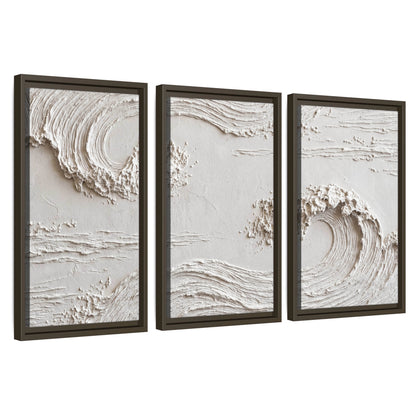 White plaster wave art 3 piece framed canvas wall art set on a white background