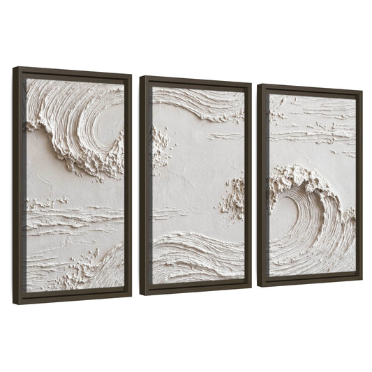 White plaster wave art 3 piece framed canvas wall art set on a white background