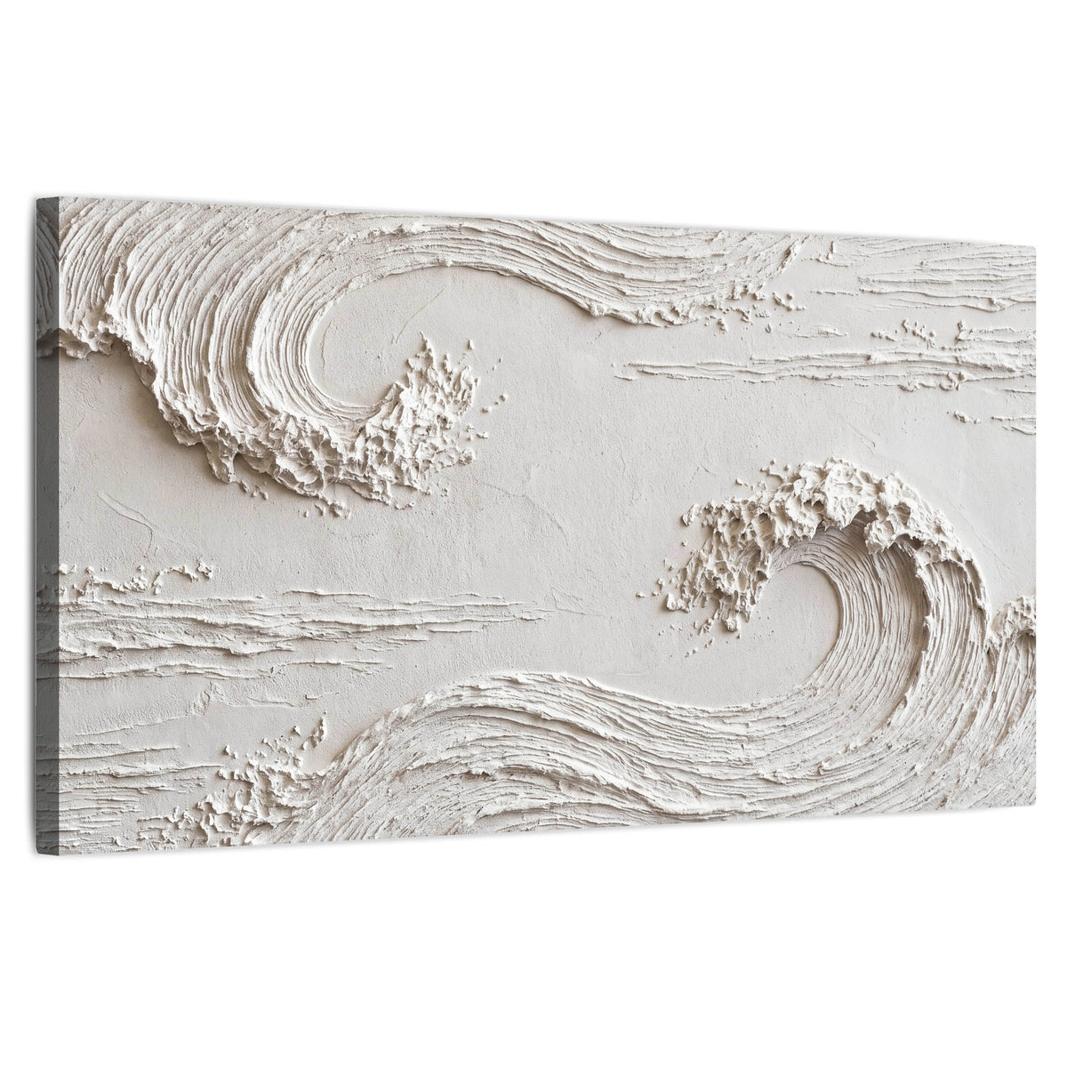 White plaster wave art stretched canvas wall art on a white background