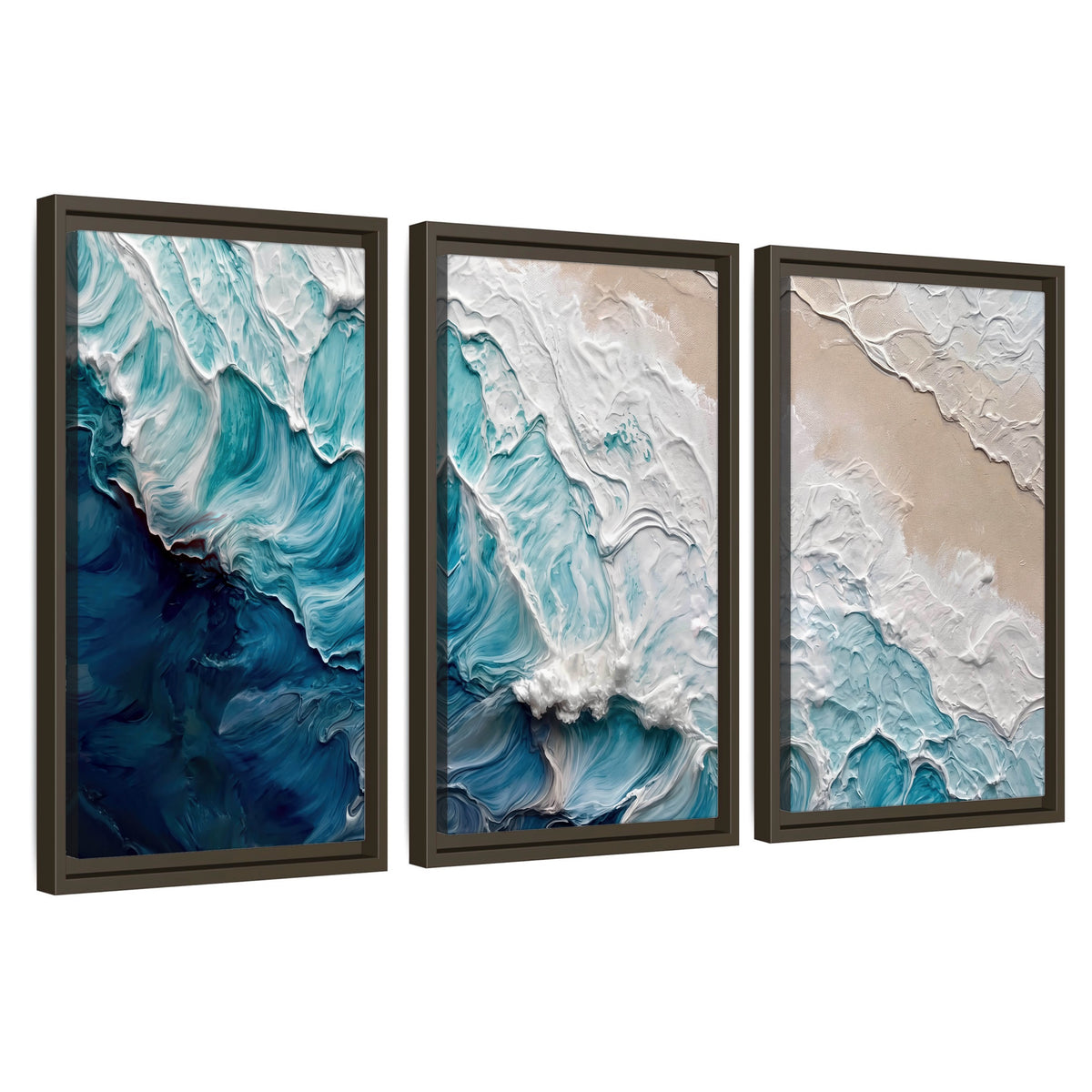 Turquoise ocean wave painting 3 piece framed canvas wall art set on a white background