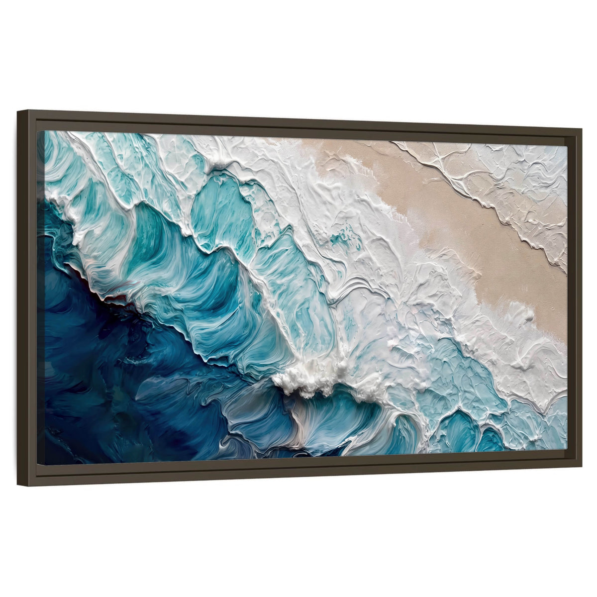 Turquoise ocean wave painting framed canvas wall art on a white background