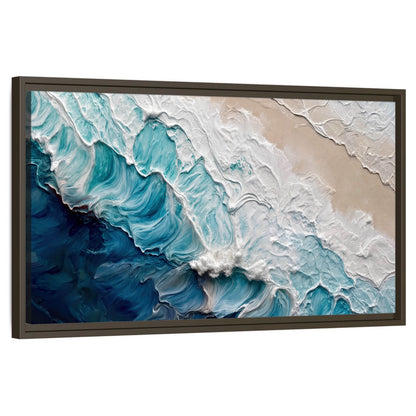 Turquoise ocean wave painting framed canvas wall art on a white background