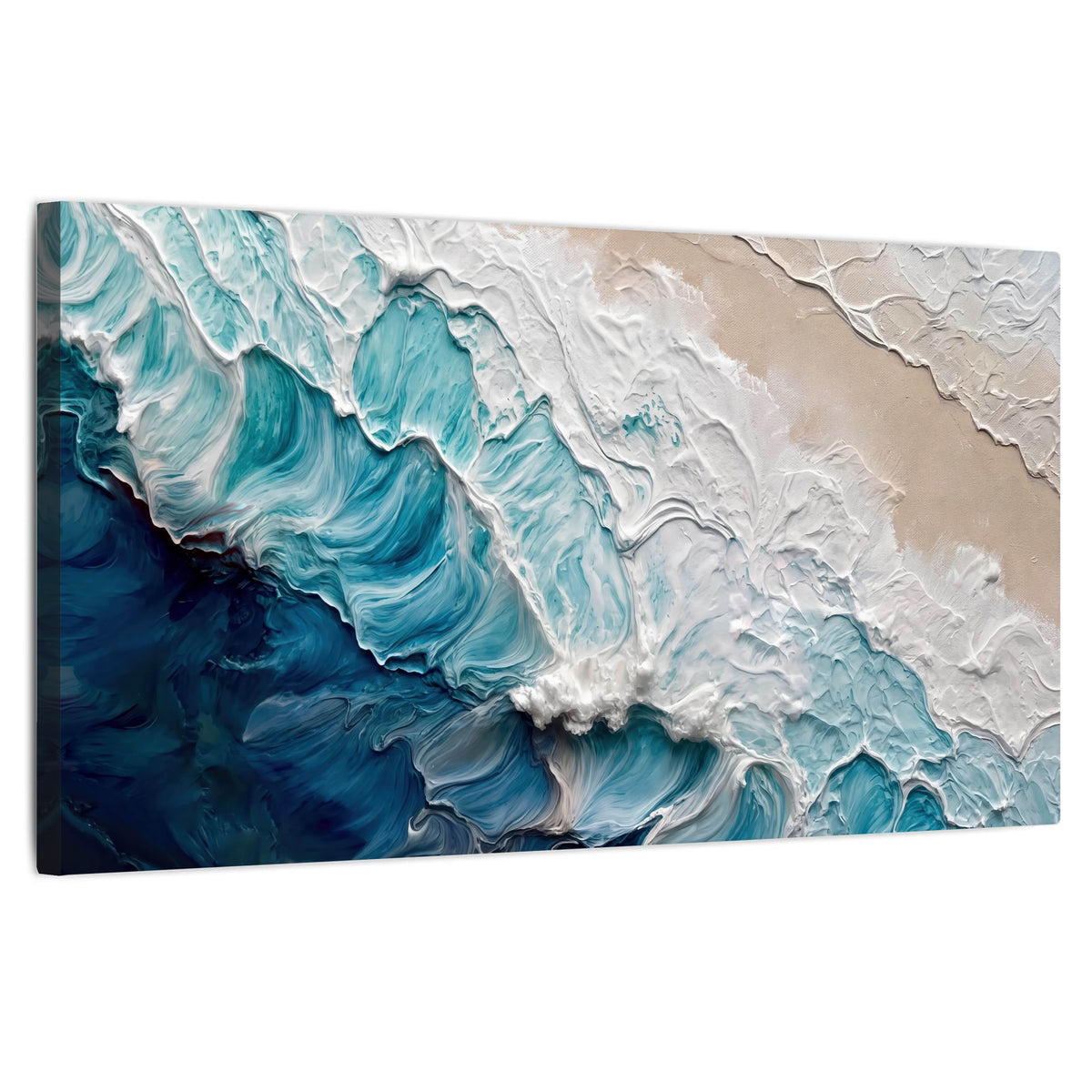 Turquoise ocean wave painting stretched canvas wall art on a white background