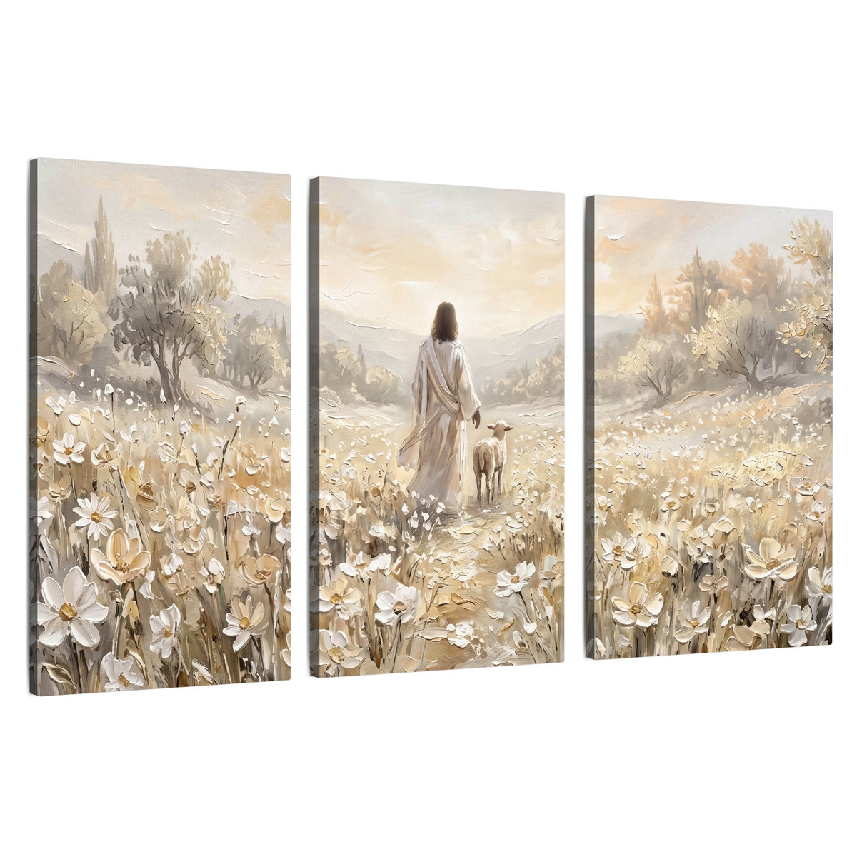 Jesus and lamb flower field painting 3 piece canvas wall art set on a white background