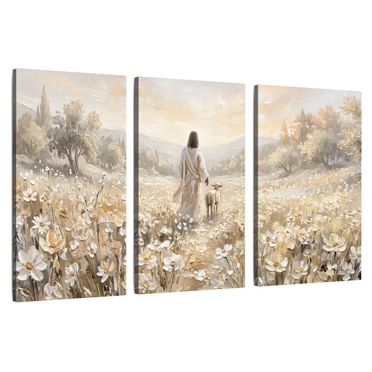 Jesus and lamb flower field painting 3 piece canvas wall art set on a white background