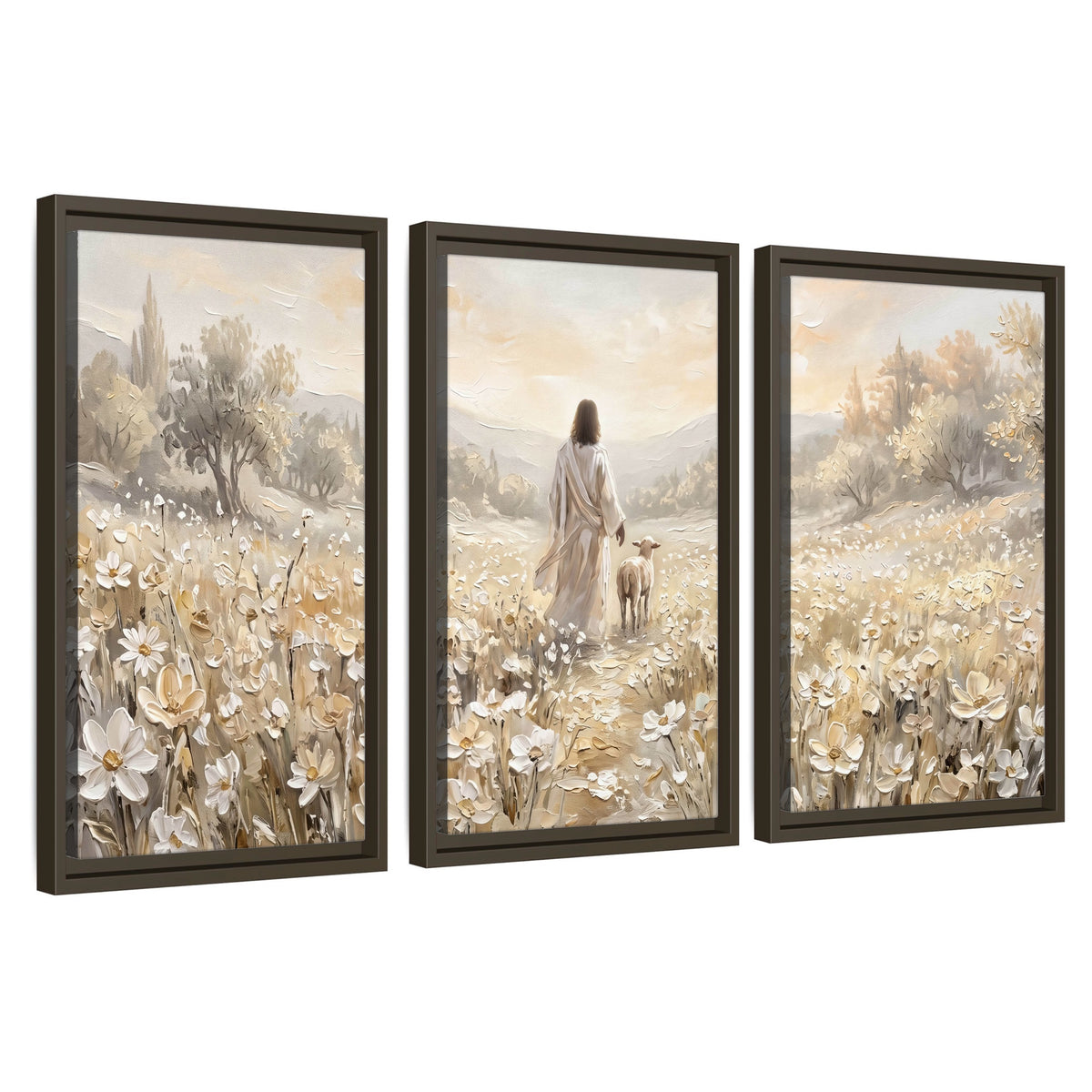 Jesus and lamb flower field painting 3 piece framed canvas wall art set on a white background