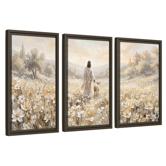 Jesus and lamb flower field painting 3 piece framed canvas wall art set on a white background