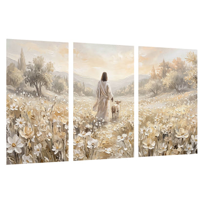 Jesus and lamb flower field painting set of 3 poster prints on a white background